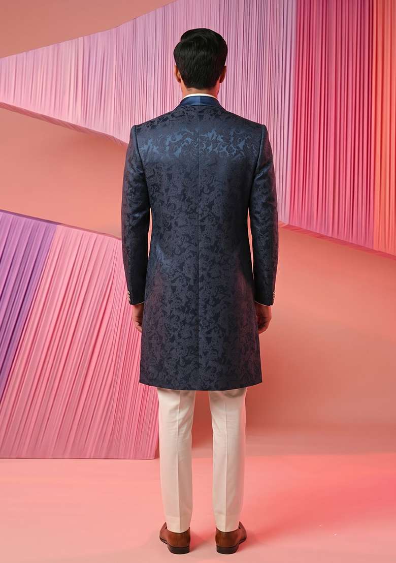 Navy Blue Thread Work Silk Indo Western For Men - Indya