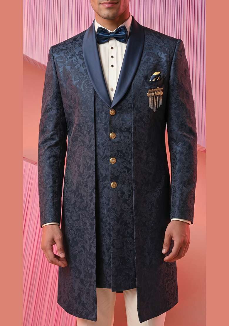 Navy Blue Thread Work Silk Indo Western For Men - Indya