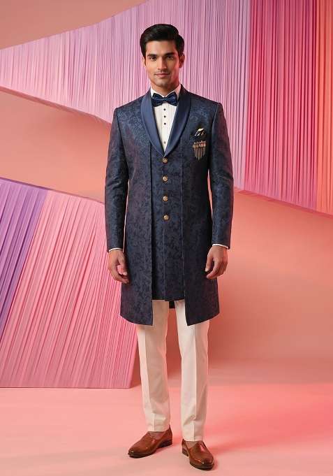 Navy Blue Thread Work Silk Indo Western For Men