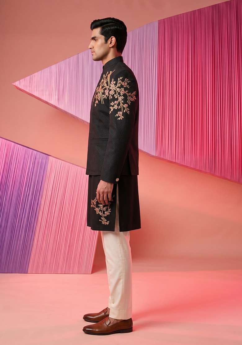 Black Embroidery Suiting Bandhgala Set For Men - Indya