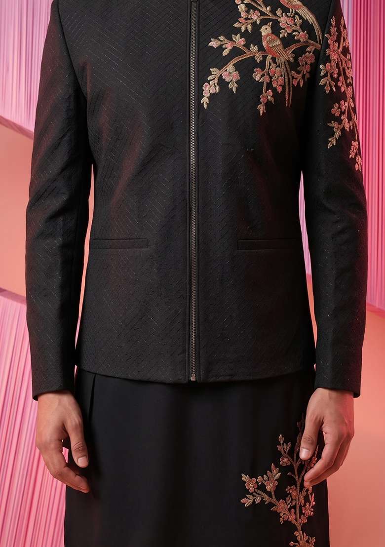 Black Embroidery Suiting Bandhgala Set For Men - Indya