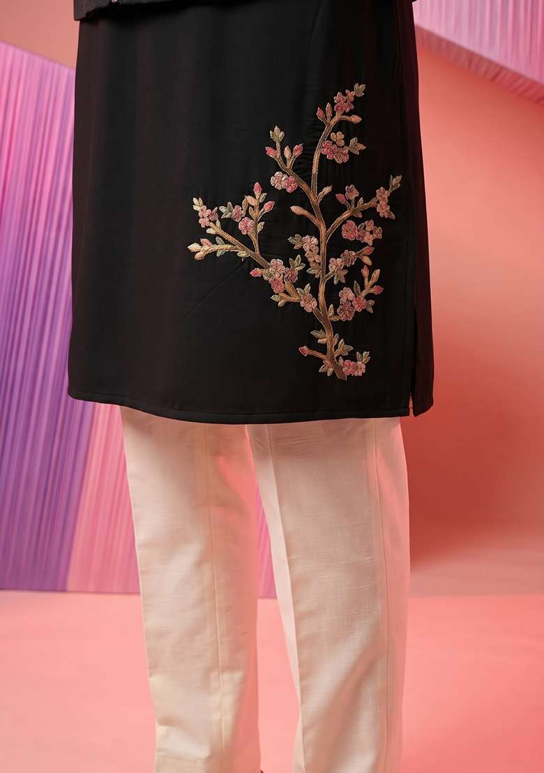 Black Embroidery Suiting Bandhgala Set For Men - Indya