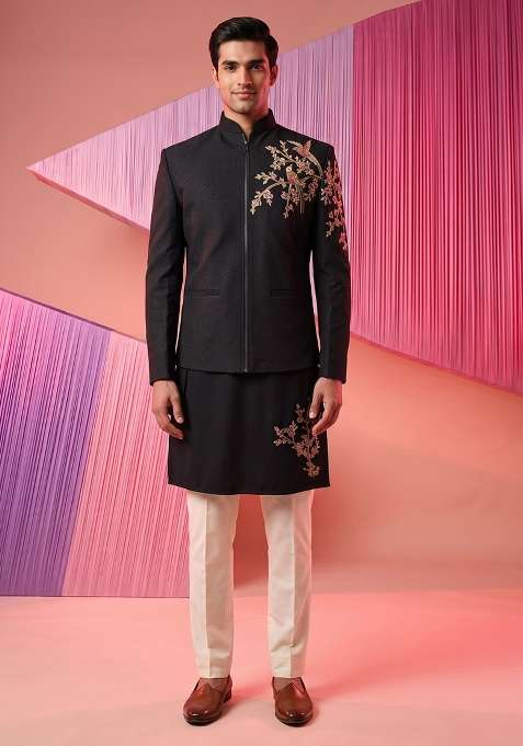 Black Embroidery Suiting Bandhgala Set For Men