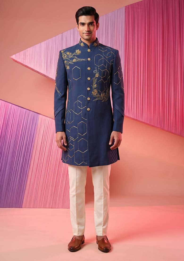 Turquoise Embroidery Suiting Indo Western For Men - Indya
