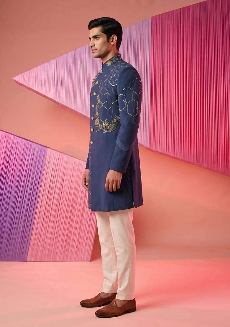 Turquoise Embroidery Suiting Indo Western For Men - Indya
