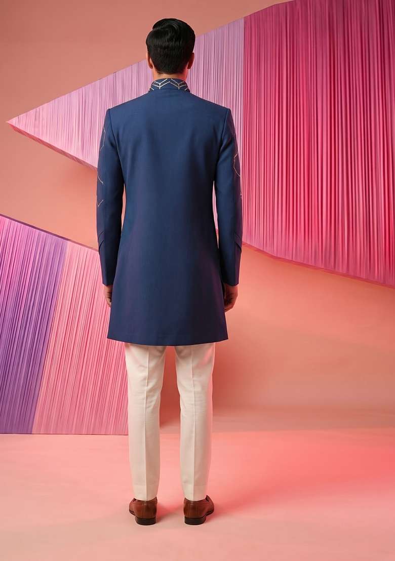 Turquoise Embroidery Suiting Indo Western For Men - Indya