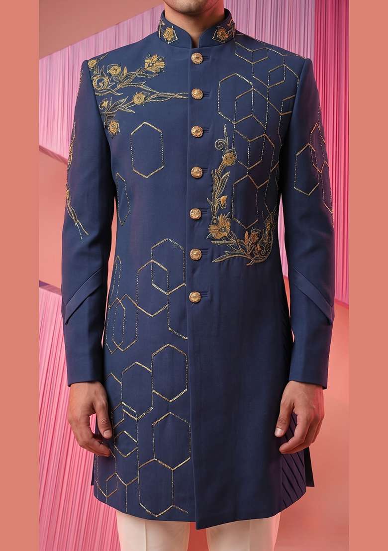 Turquoise Embroidery Suiting Indo Western For Men - Indya