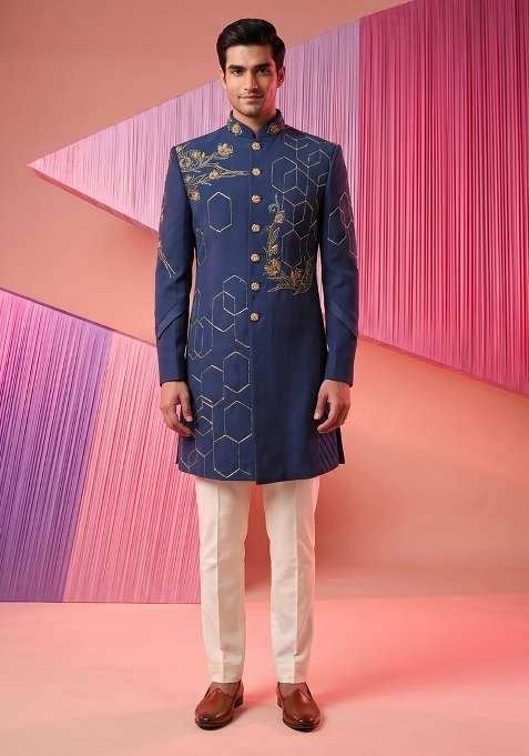 Turquoise Embroidery Suiting Indo Western For Men