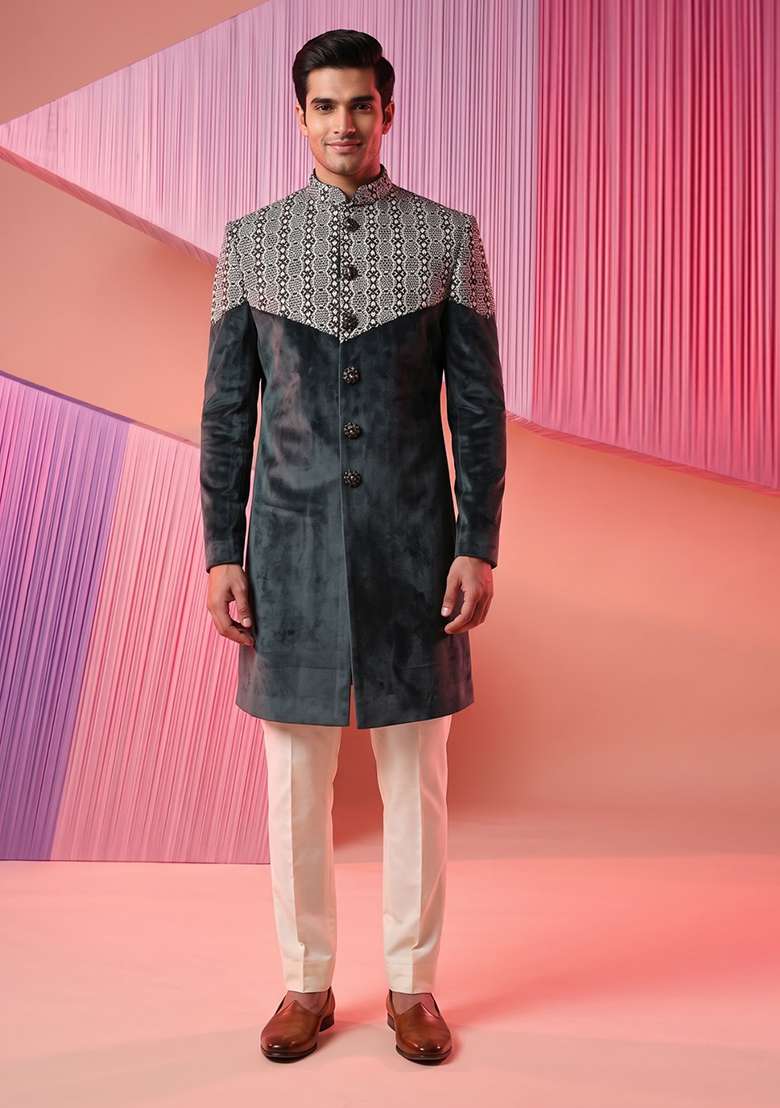 Teal Embroidery Suede Indo Western For Men - Indya