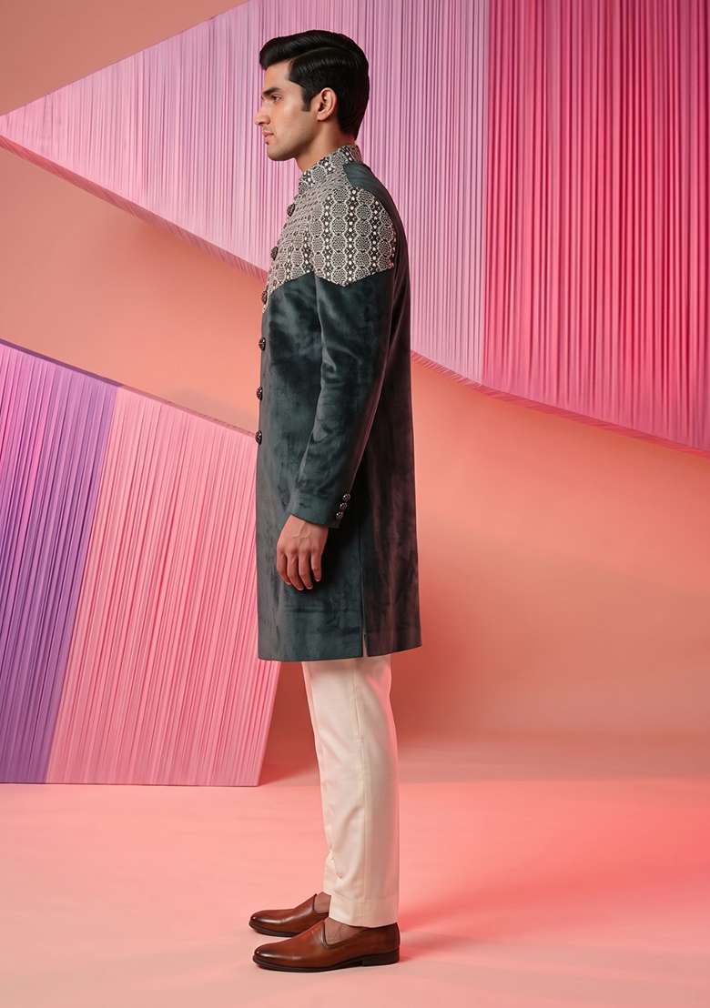 Teal Embroidery Suede Indo Western For Men - Indya