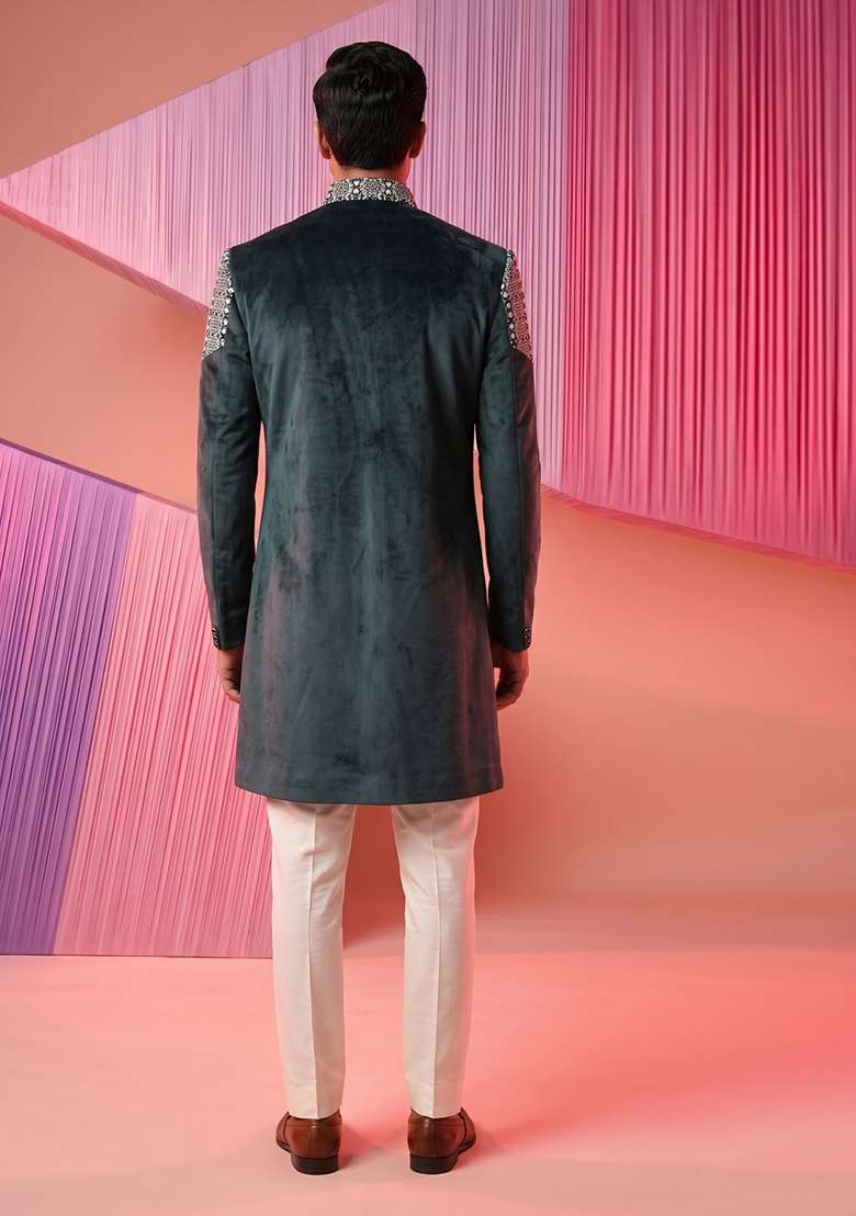 Teal Embroidery Suede Indo Western For Men - Indya