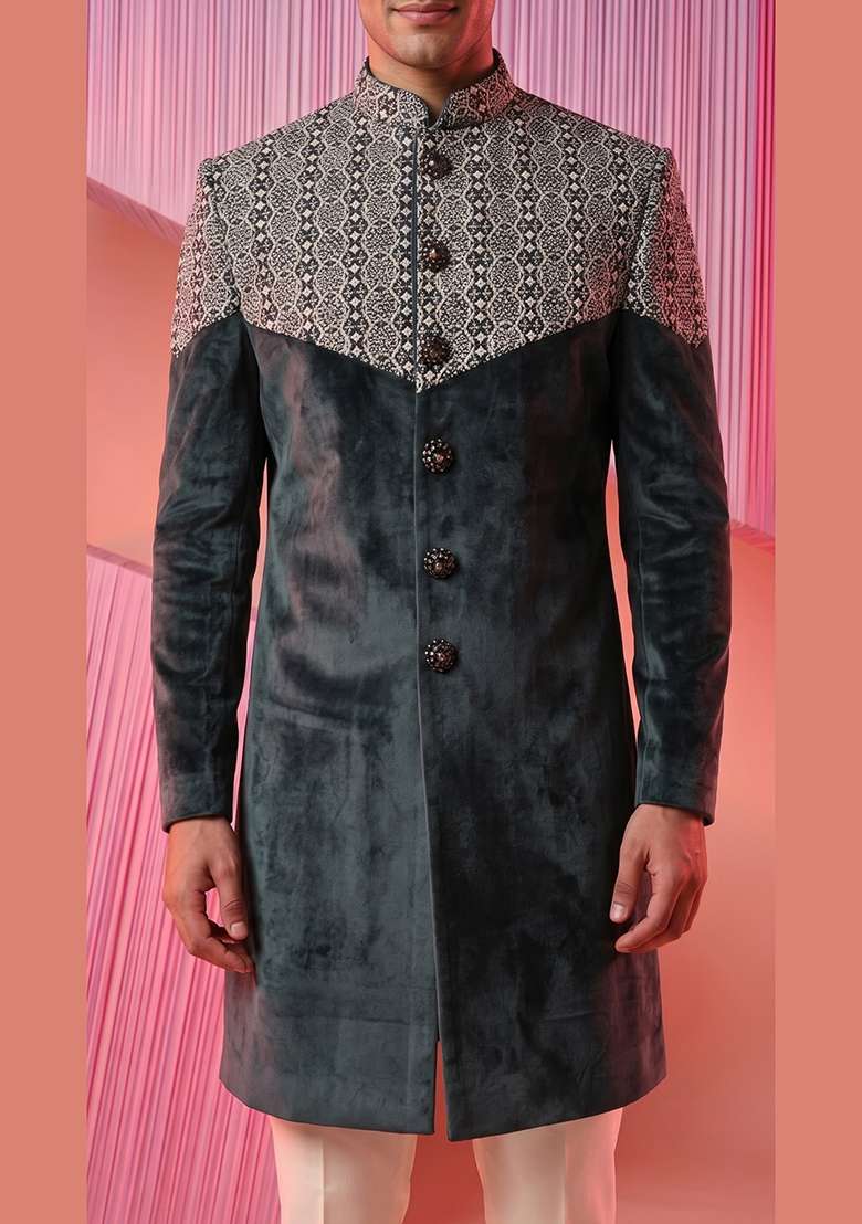 Teal Embroidery Suede Indo Western For Men - Indya