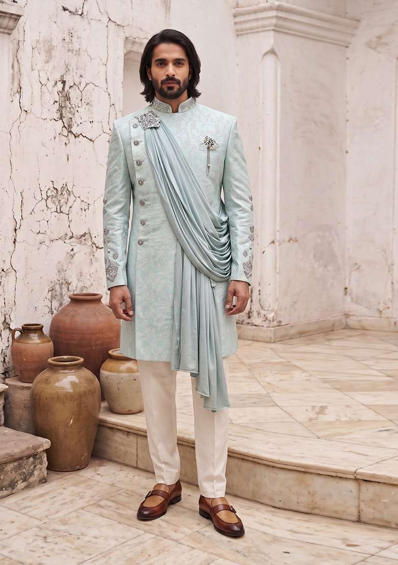 Sky Blue Embroidery Silk Indo Western For Men - Indya