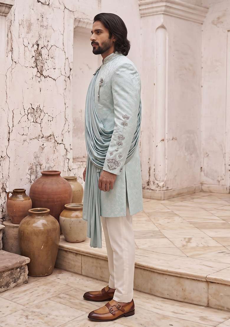 Sky Blue Embroidery Silk Indo Western For Men - Indya