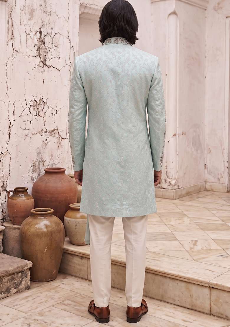 Sky Blue Embroidery Silk Indo Western For Men - Indya