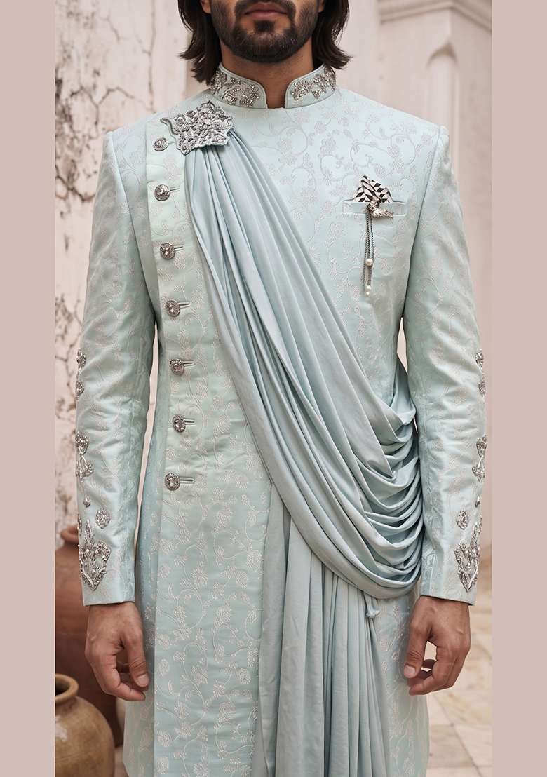 Sky Blue Embroidery Silk Indo Western For Men - Indya