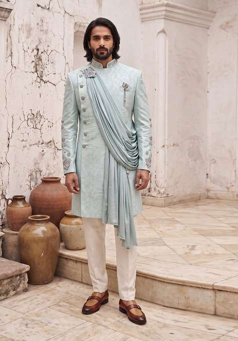 Sky Blue Embroidery Silk Indo Western For Men