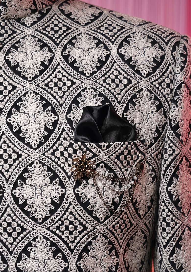 Black Embroidery Georgette Indo Western For Men - Indya