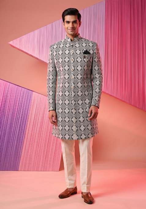 Black Embroidery Georgette Indo Western For Men