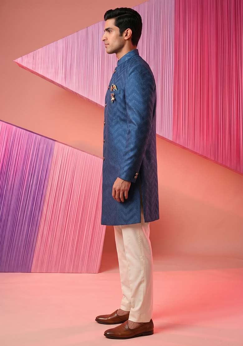 Blue Embroidery Silk Indo Western For Men - Indya