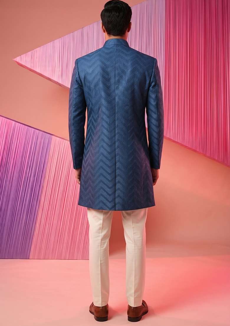 Blue Embroidery Silk Indo Western For Men - Indya