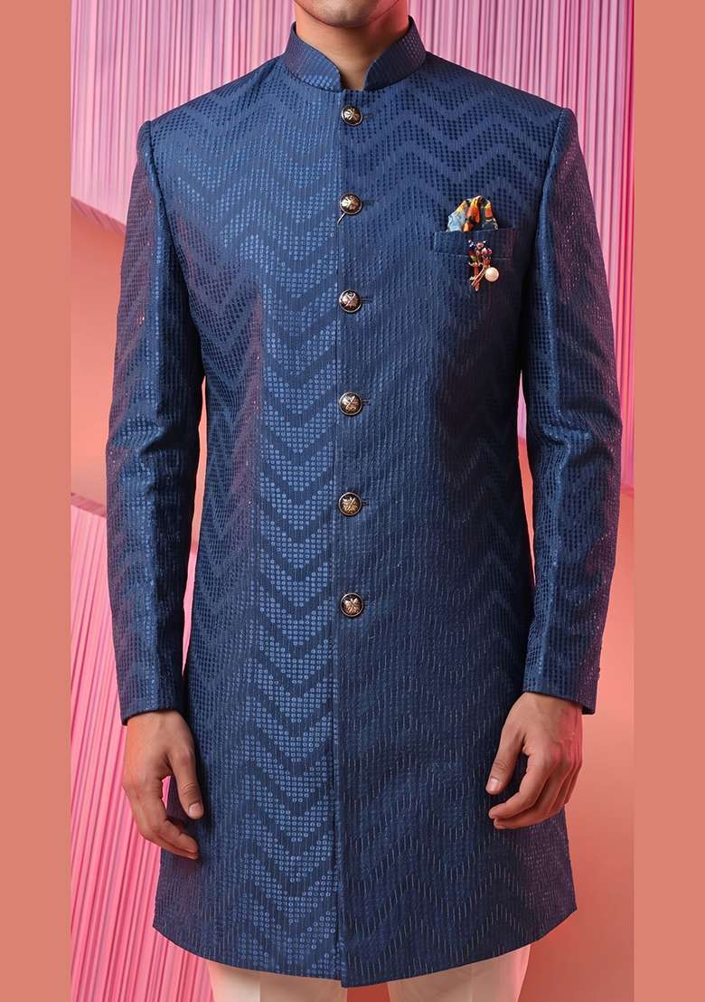 Blue Embroidery Silk Indo Western For Men - Indya