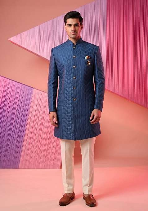 Blue Embroidery Silk Indo Western For Men