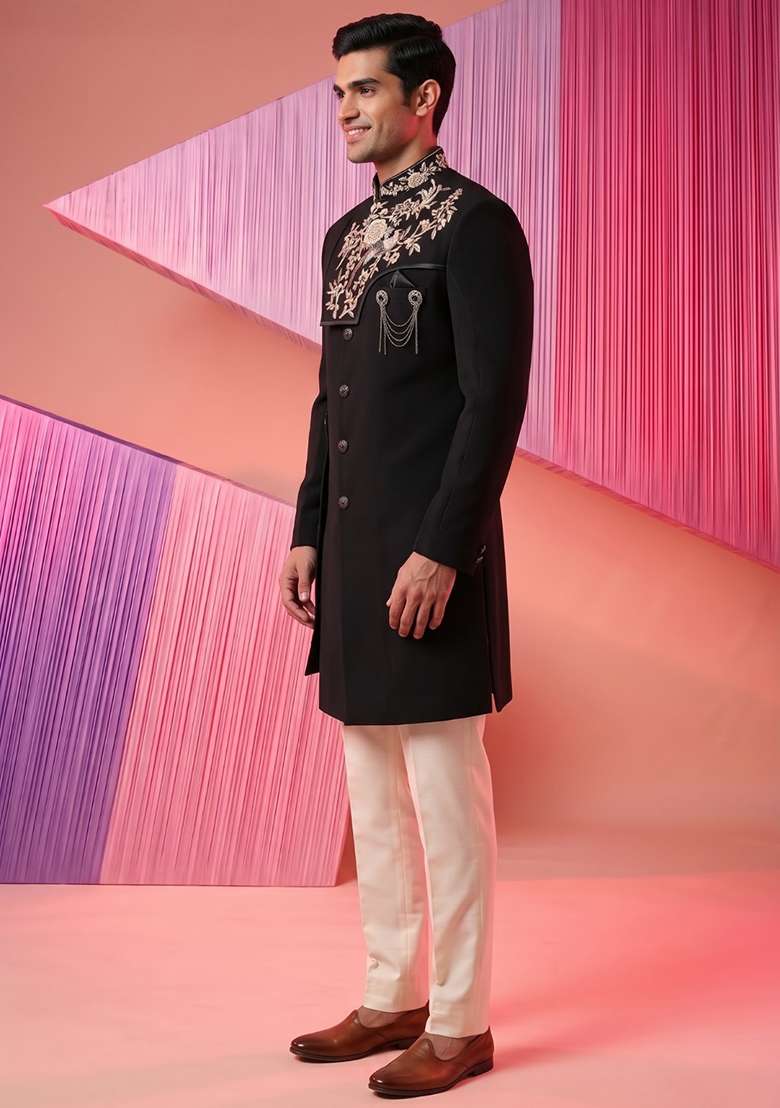 Black Embroidery Suiting Indo Western For Men - Indya