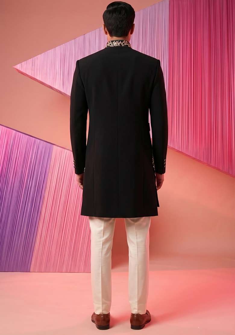 Black Embroidery Suiting Indo Western For Men - Indya