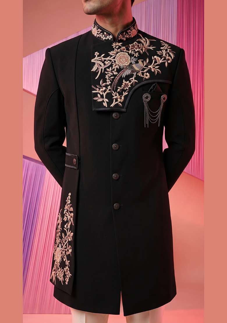 Black Embroidery Suiting Indo Western For Men - Indya