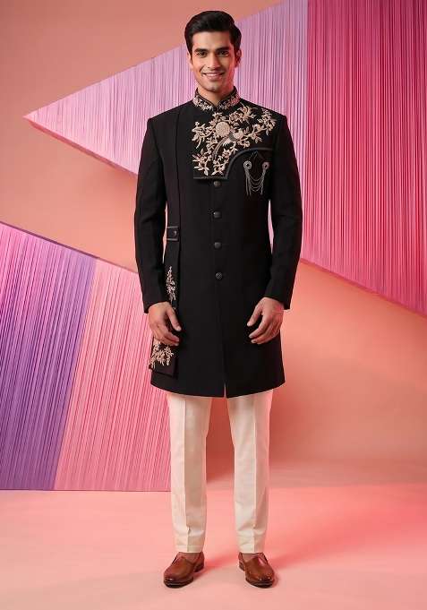 Black Embroidery Suiting Indo Western For Men