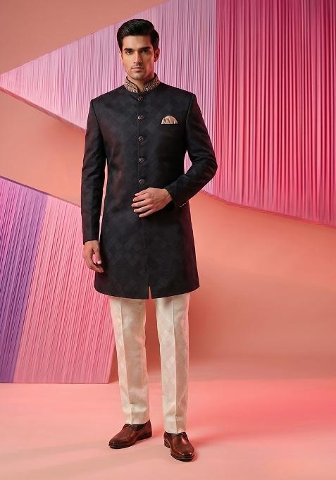 Black Embroidery Silk Indo Western For Men
