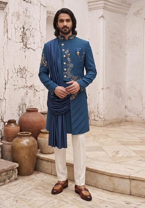 Teal Blue Embroidery Suiting Indo Western For Men
