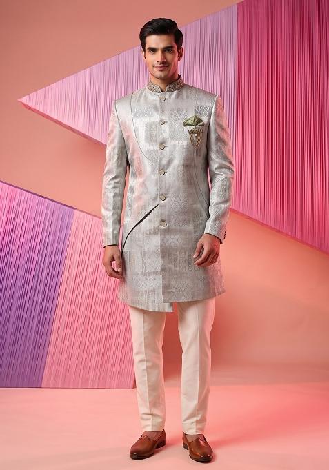 Grey Printed Silk Indo Western For Men