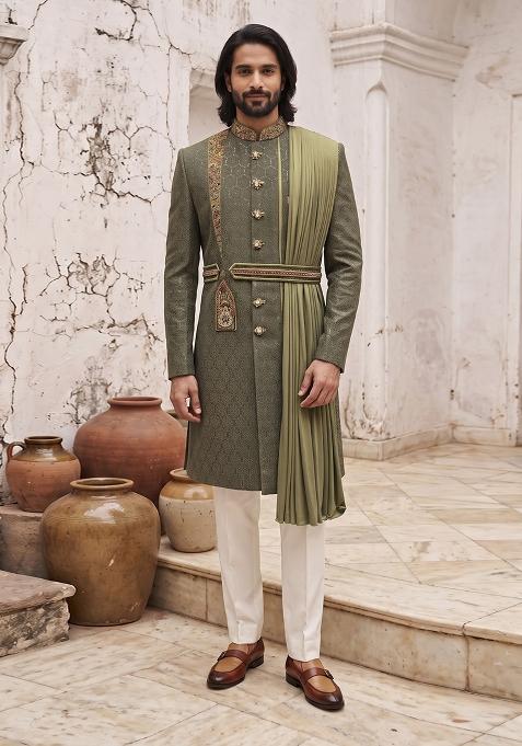 Green Embroidery Silk Indo Western For Men