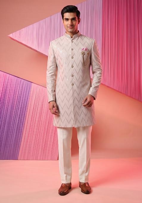 Pink Embroidery Suede Indo Western For Men