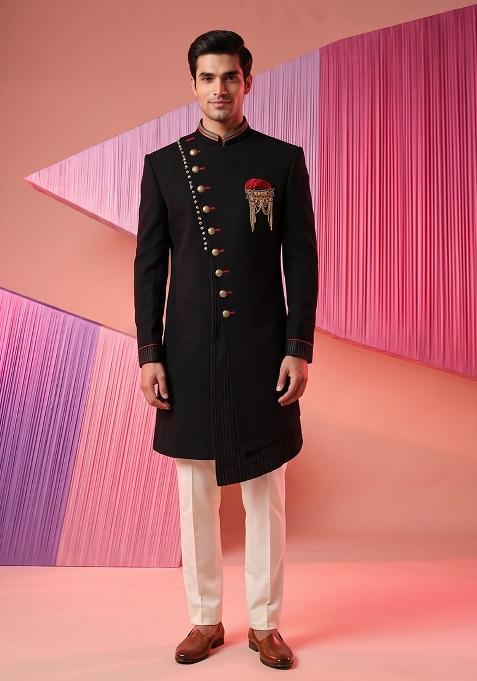 Black Embroidery Suiting Indo Western For Men