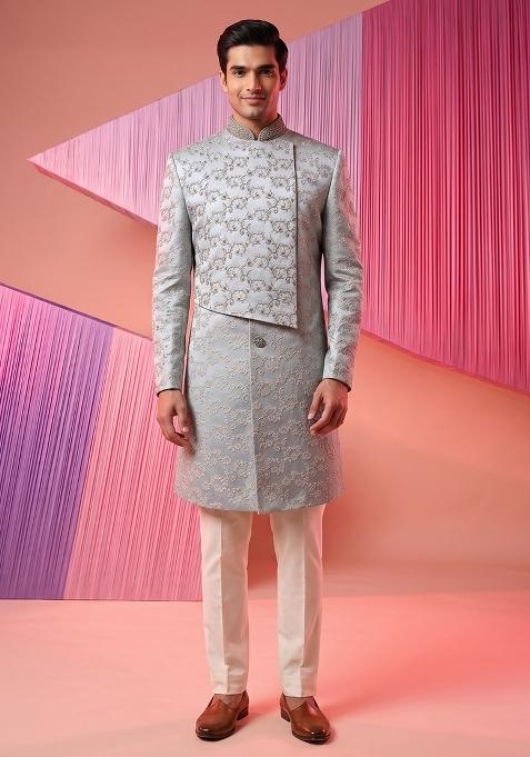 Sky Blue Embroidery Silk Indo Western For Men