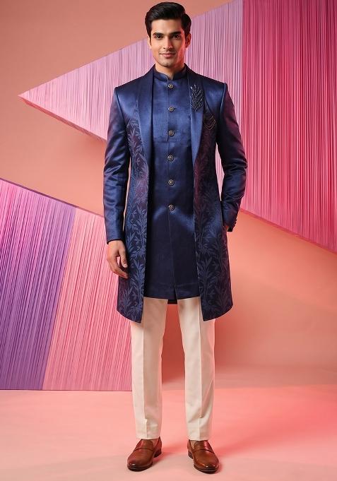 Navy Blue Embroidery Suiting Indo Western For Men