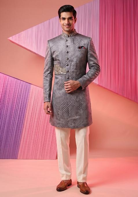 Grey Embroidery Silk Indo Western For Men