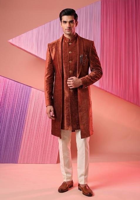 Rust Plain Silk Indo Western For Men