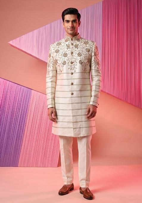 Ivory Embroidery Suiting Indo Western For Men