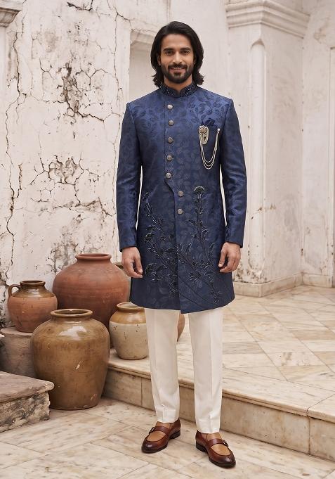 Navy Blue Embroidery Silk Indo Western For Men