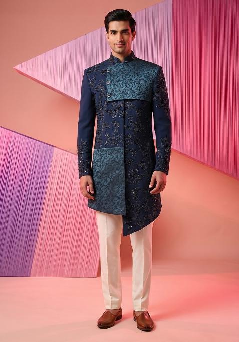Teal Embroidery Suiting Indo Western For Men