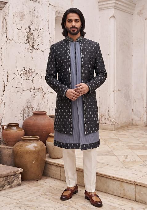 Black Embroidery Silk Indo Western For Men