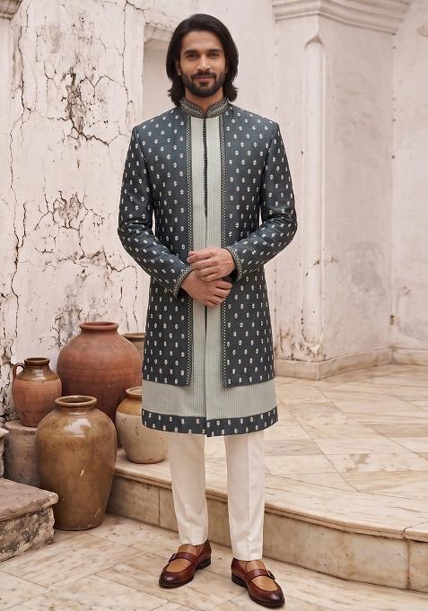 Green Embroidery Silk Indo Western For Men