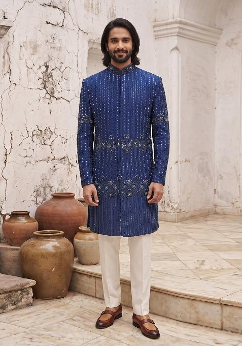 Blue Embroidery Suiting Indo Western For Men
