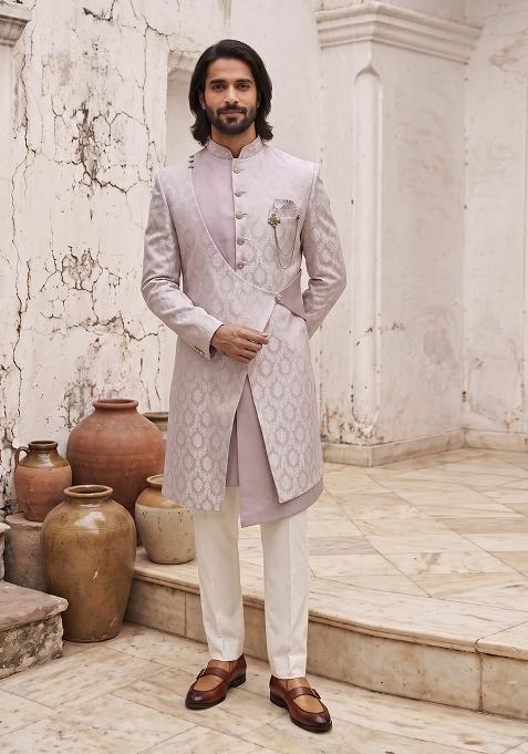 Mauve Jacquard Suiting Indo Western For Men