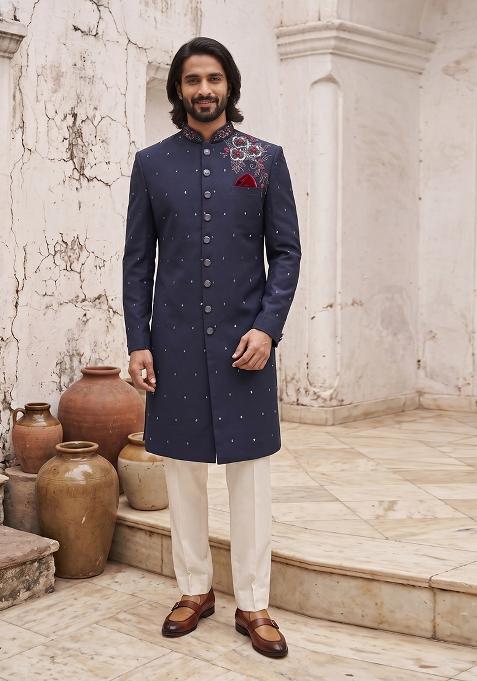 Navy Blue Embroidery Suiting Indo Western For Men