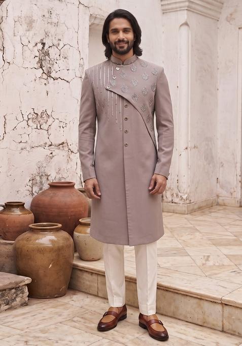 Grey Embroidery Suiting Indo Western For Men